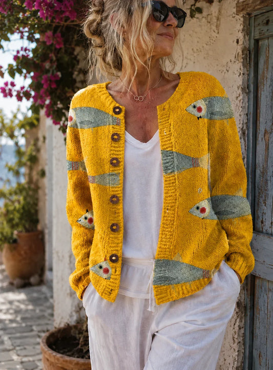 Women's oversized knit cardigan with fish print design – Multicolour