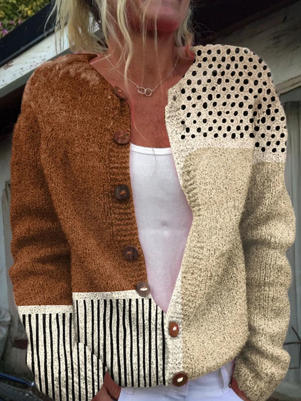 Women's button-down knit cardigan with polka dot sleeves – Multicolour