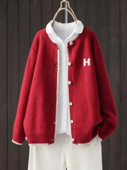 Women's ribbed knit button-down cardigan with crew neck – Red