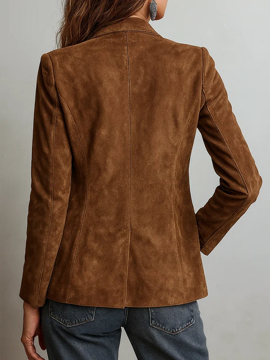 Women's button-down suede blazer with relaxed silhouette – Brown