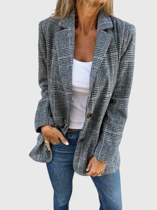 Women's check tweed button-front blazer with patch pockets – Black
