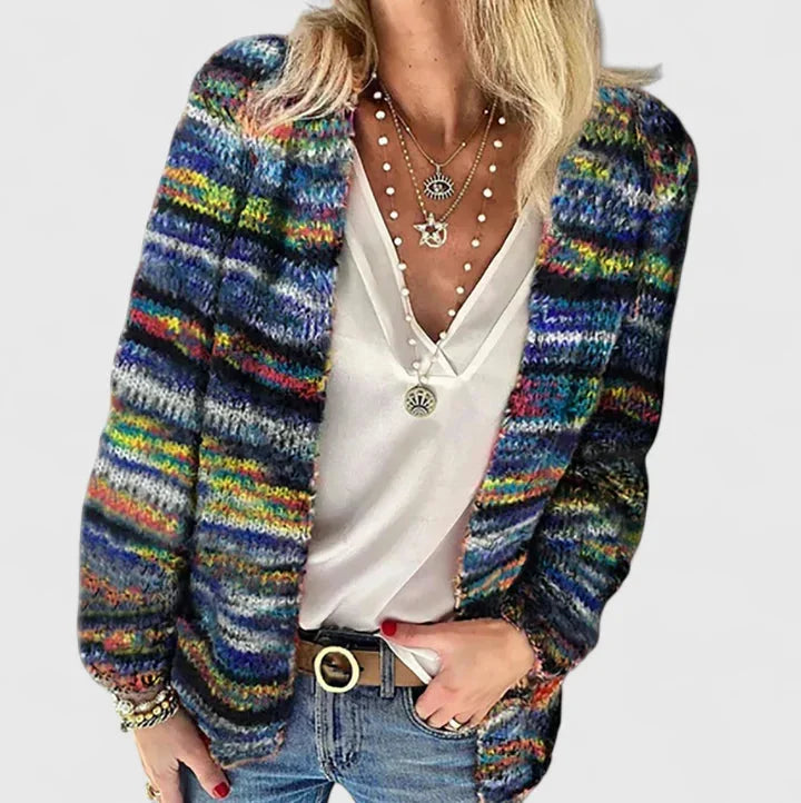 Women's open-front knit cardigan with colorblock design – Blue