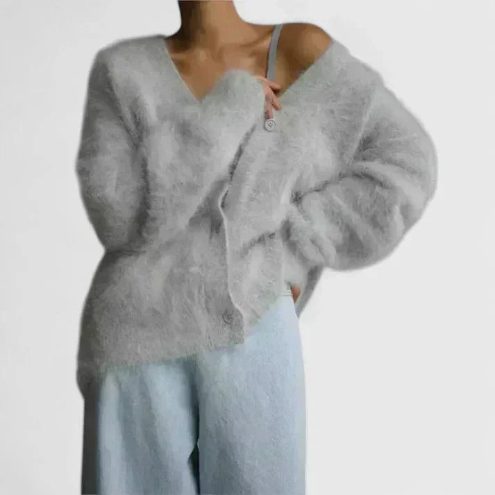 Women's knit button-front V-neck cardigan with fluffy texture – Light Grey