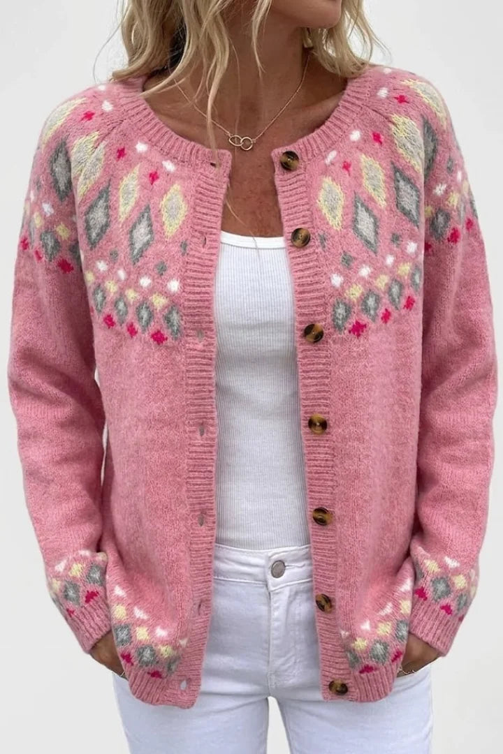 Women's fair isle knit button-front cardigan with pattern – Pink