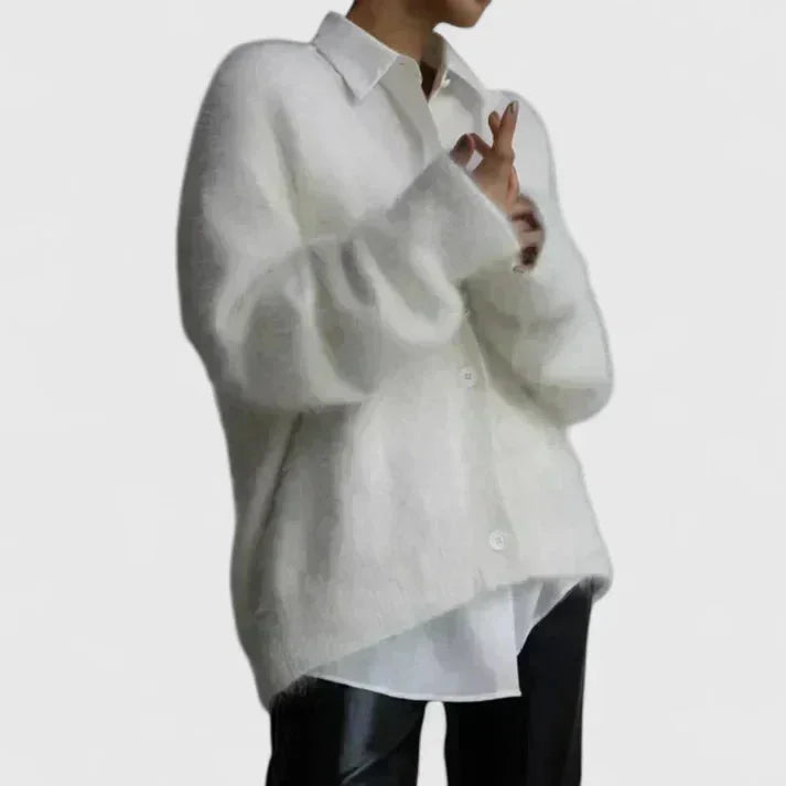 Women's knit button-front V-neck cardigan with fluffy texture – White