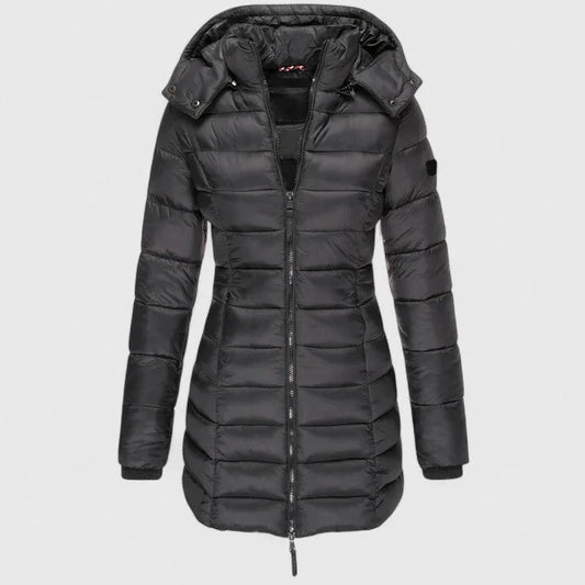 Women's quilted zip-up hood puffer coat with ribbed cuffs – Black