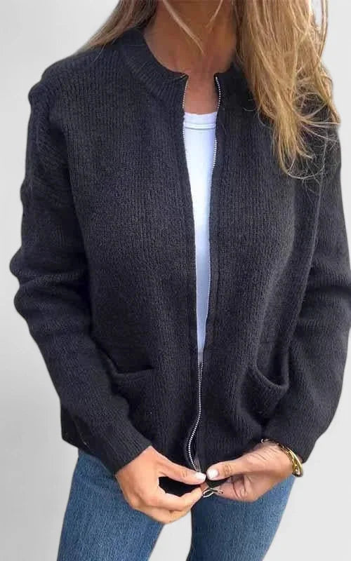 Women's ribbed zip-up stand collar cardigan with front patch pockets – Black