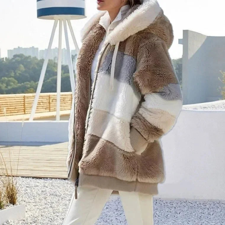 Women's colourblock borg zip-up long coat with ribbed cuffs – Brown Stripes