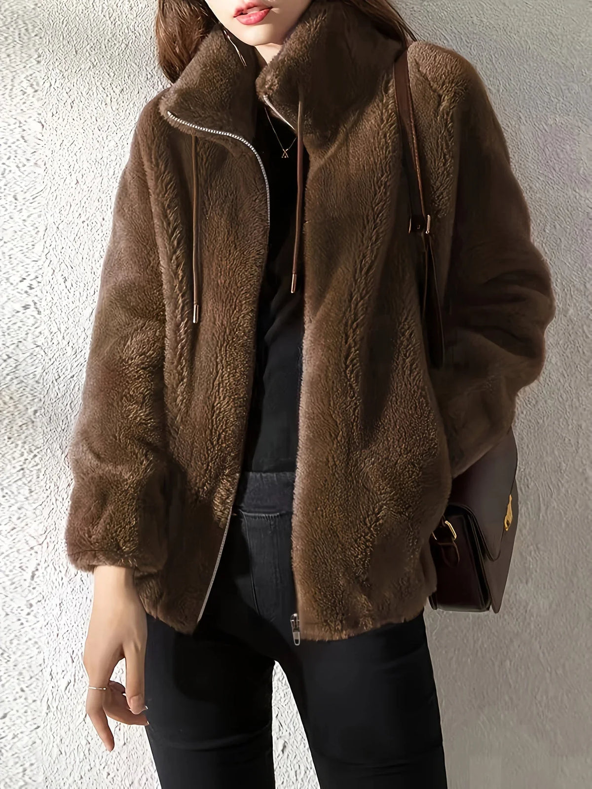 Women's borg zip-up stand collar jacket with drawstring – Dark Brown