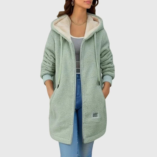 Women's borg zip-up hood long coat with drawstring – Green