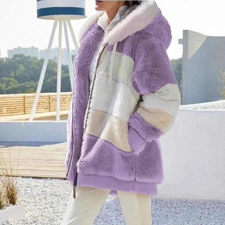 Women's colourblock borg zip-up long coat with ribbed cuffs – Lilac Stripes