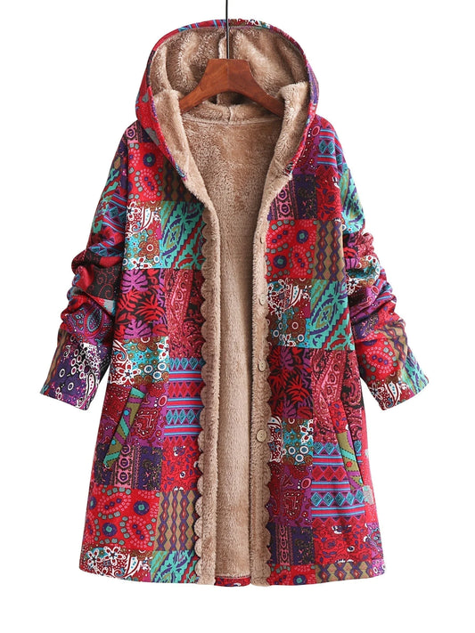 Women's borg button-front hood parka with patchwork print – Red
