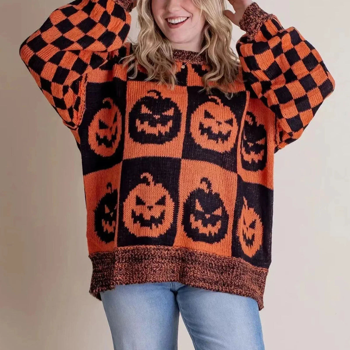 Women's knit crew neck jumper with halloween block pattern – Orange
