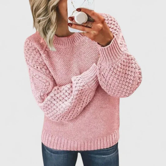Women's knit crew neck jumper with textured balloon sleeve – Pink