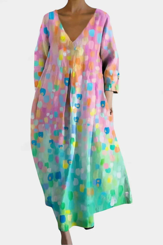 Women's lightweight V-neck maxi dress with flowing silhouette – Pink Multicolor