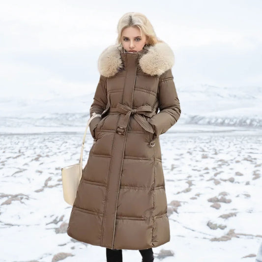 Women's faux-fur trimmed hooded winter parka coat – Brown and Beige