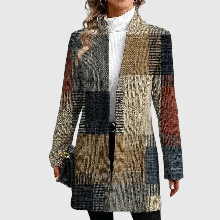 Women's check tweed button-front wool coat with patchwork design – Multi-Coloured