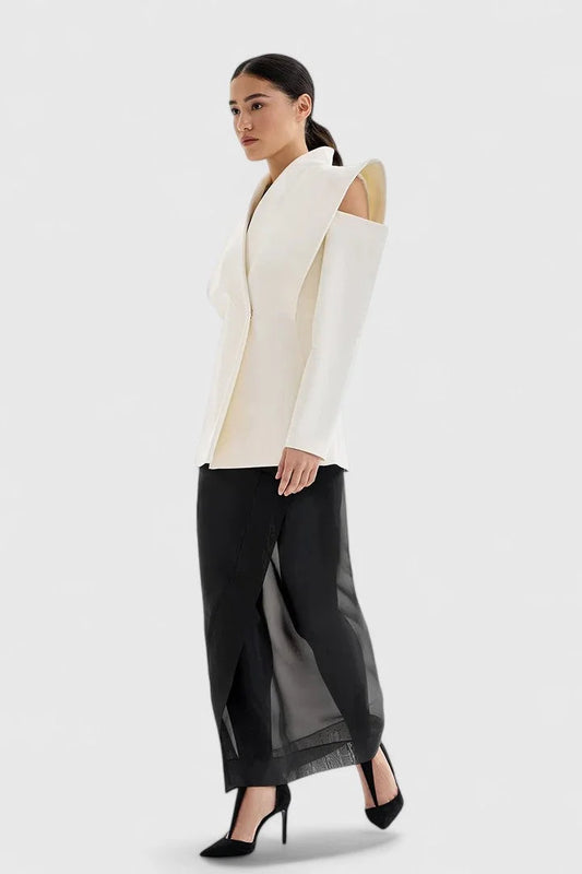Women's wrap stand collar blazer with exaggerated shoulder cut-outs – White