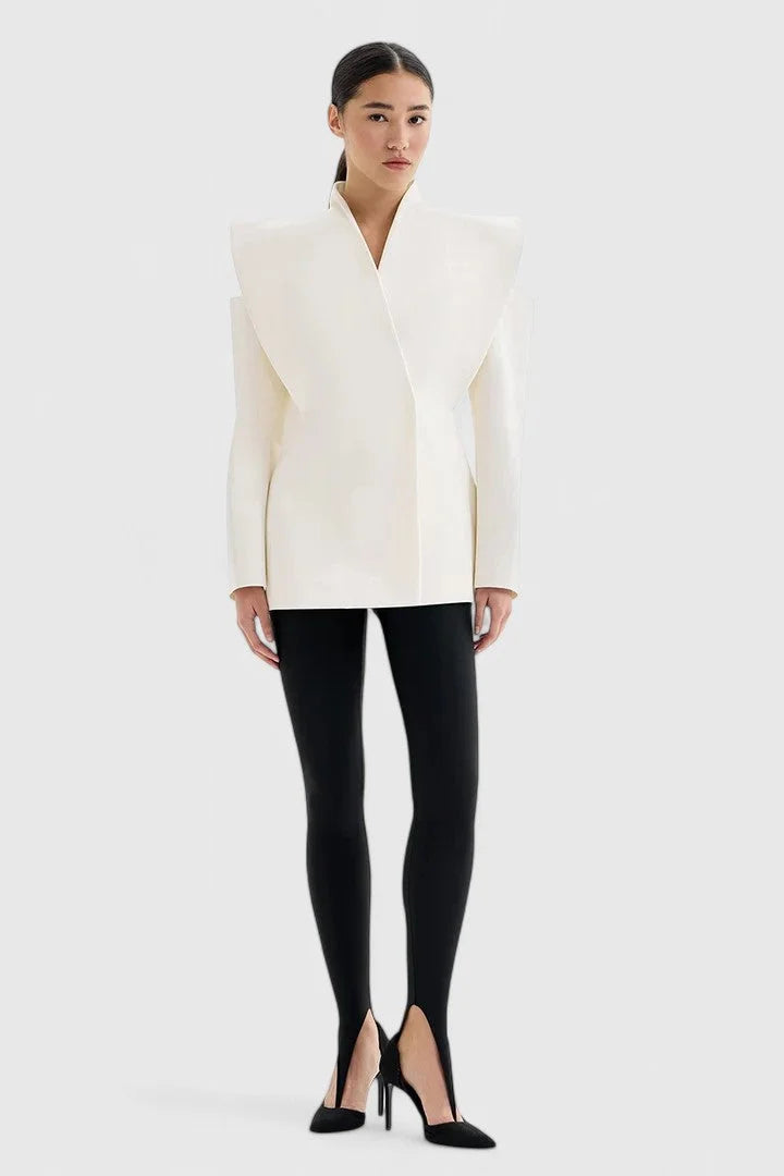 Women's wrap stand collar blazer with exaggerated shoulder cut-outs – White