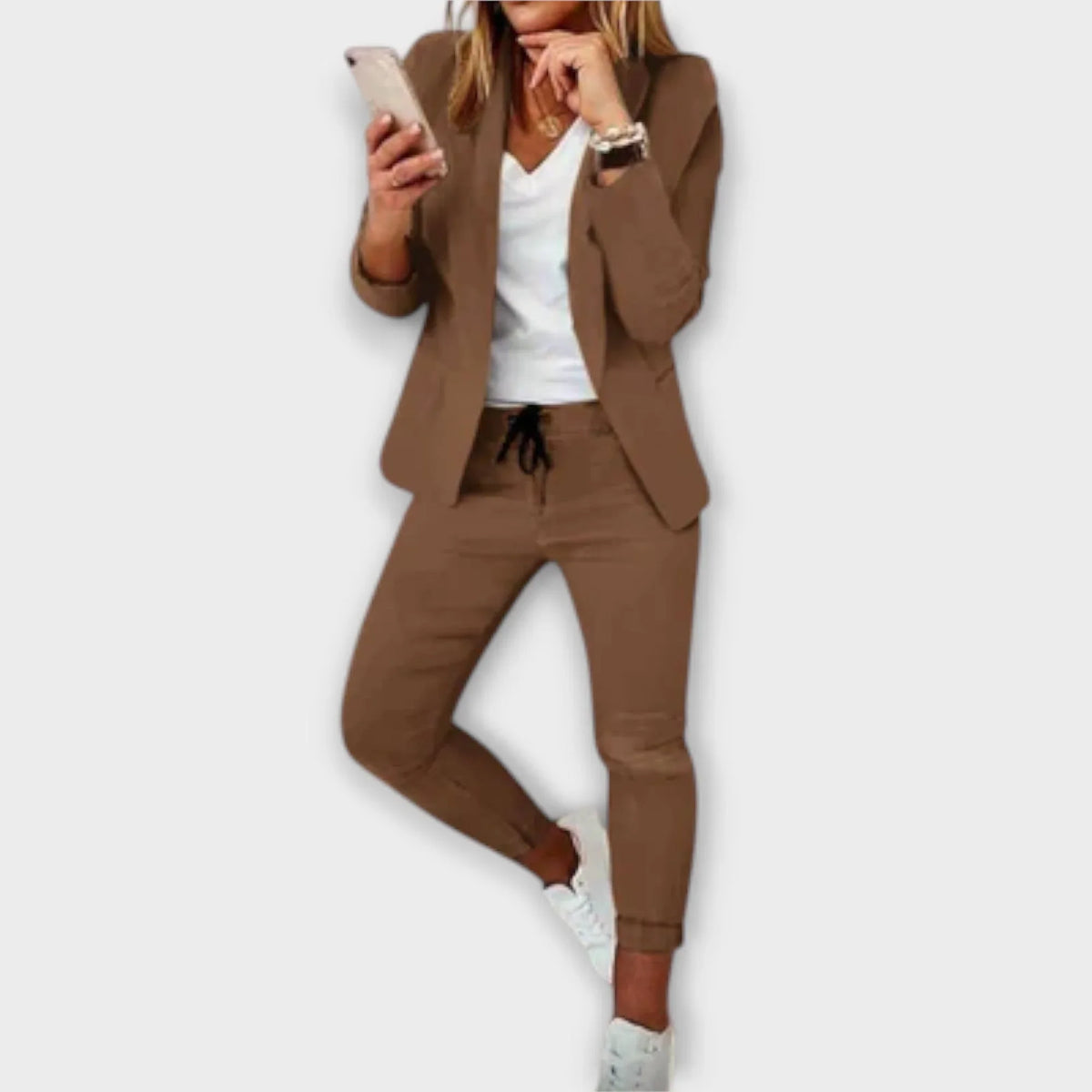 Women's tailored blazer set with matching trousers – Brown