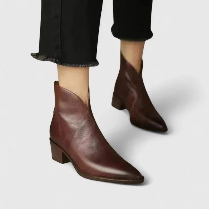 Women's faux leather side zip ankle boots with V-cut topline – Brown