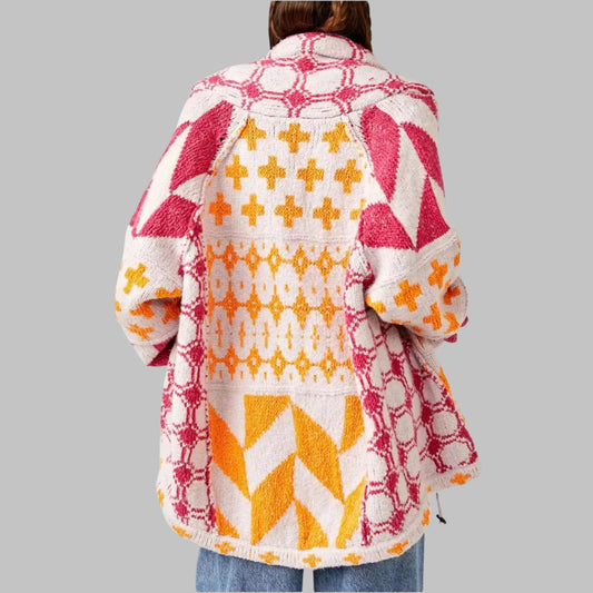 Women's knit open-front shawl collar cardigan with patchwork geometric – Pink