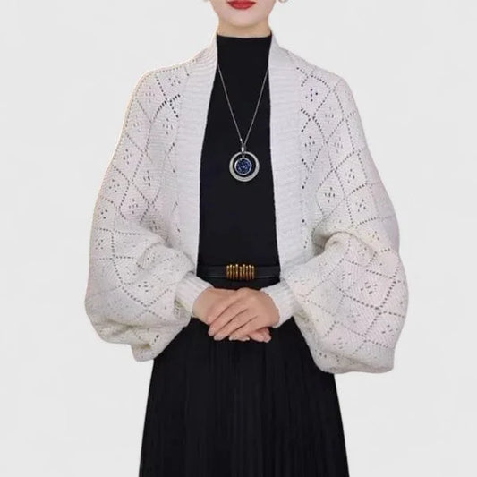 Women's knit open-front shawl collar cardigan with diamond pattern – White