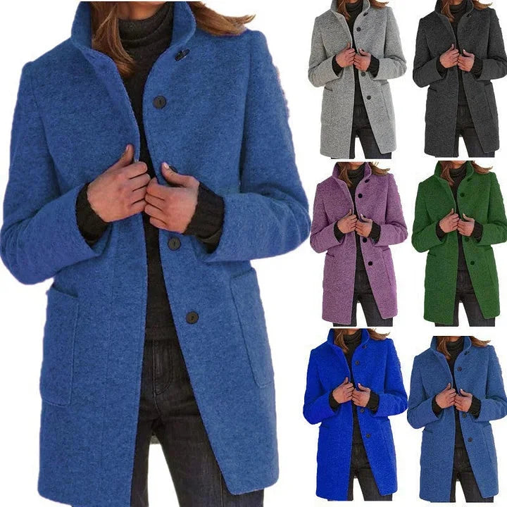 Women's button-front stand collar wool coat with patch pockets
