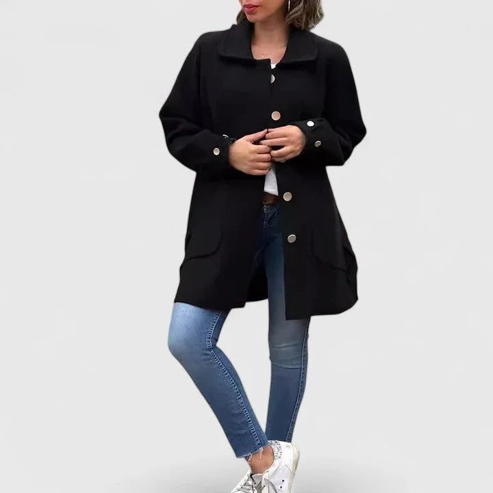 Women's button-front collared wool coat with bow details on back – Black