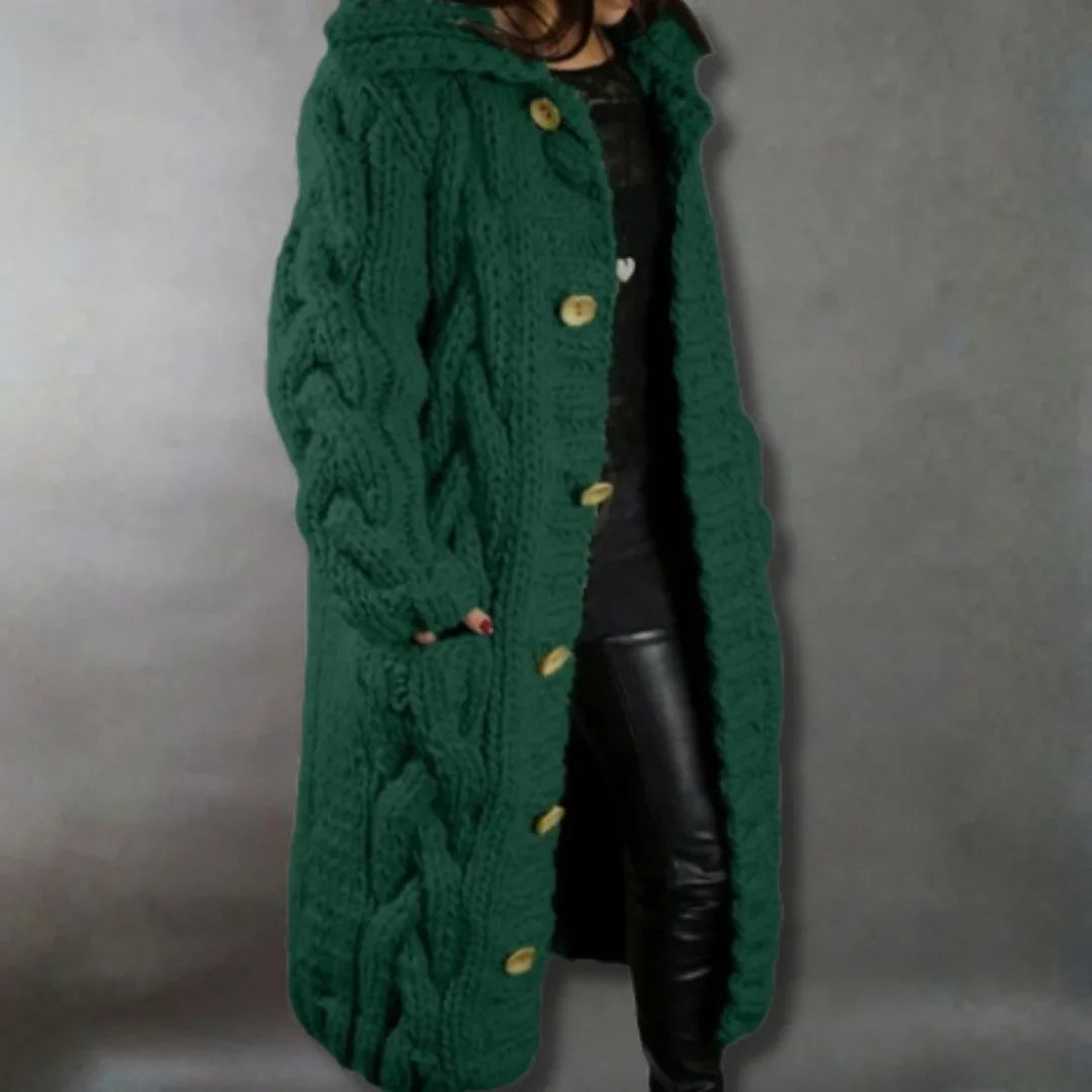 Women's cable-knit hooded cardigan coat with tummy coverage – Green