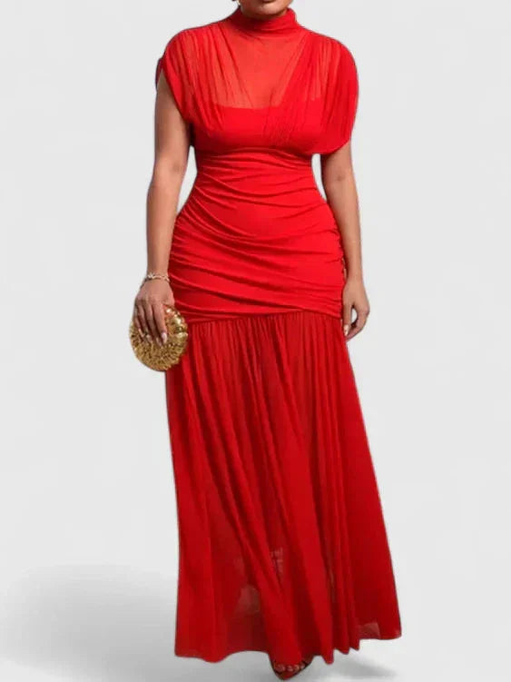 Women's stand collar maxi dress with sheer mesh – Red