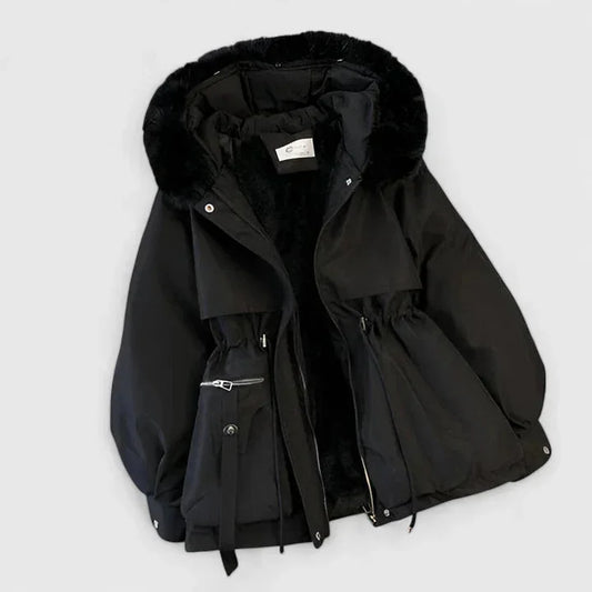 Women's zip-up faux fur hood parka with trim – Black