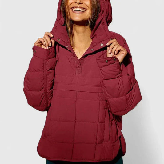 Women's quilted half-zip hood puffer jacket with placket – Claret