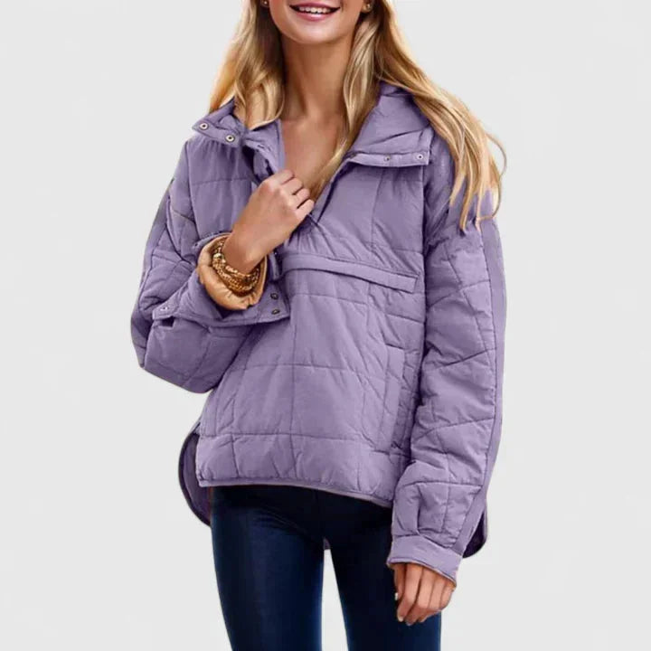 Women's quilted half-zip hood puffer jacket with placket – Purple