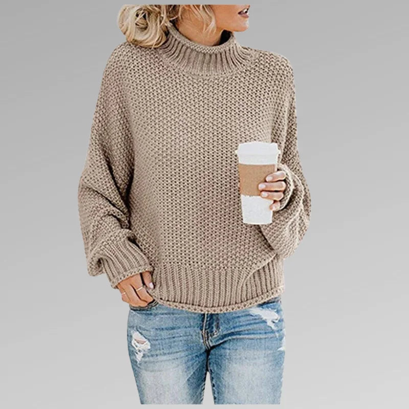 Women's knit roll neck jumper with dropped shoulder sleeves – Beige