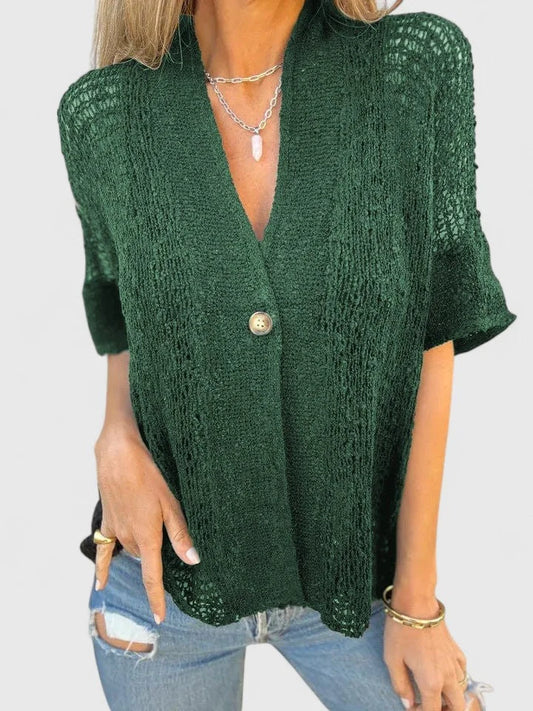 Women's open-knit lightweight cardigan with single-button front – Green