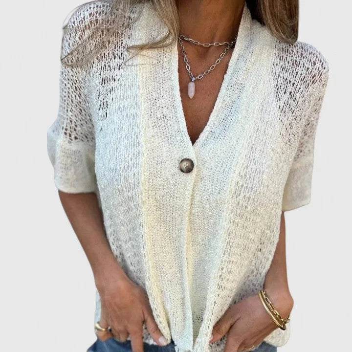 Women's open-knit lightweight cardigan with single-button front – White