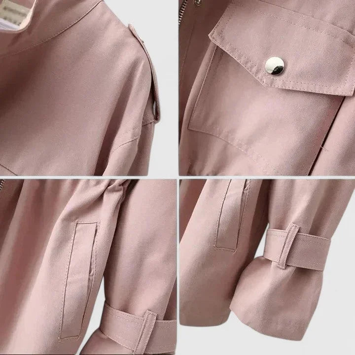 Women's cotton zip-up stand collar jacket with drawstring waist