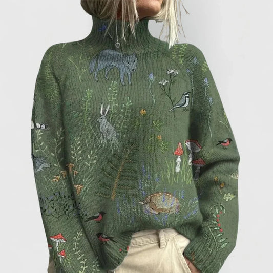 Women's ribbed turtleneck sweater with relaxed fit – Green