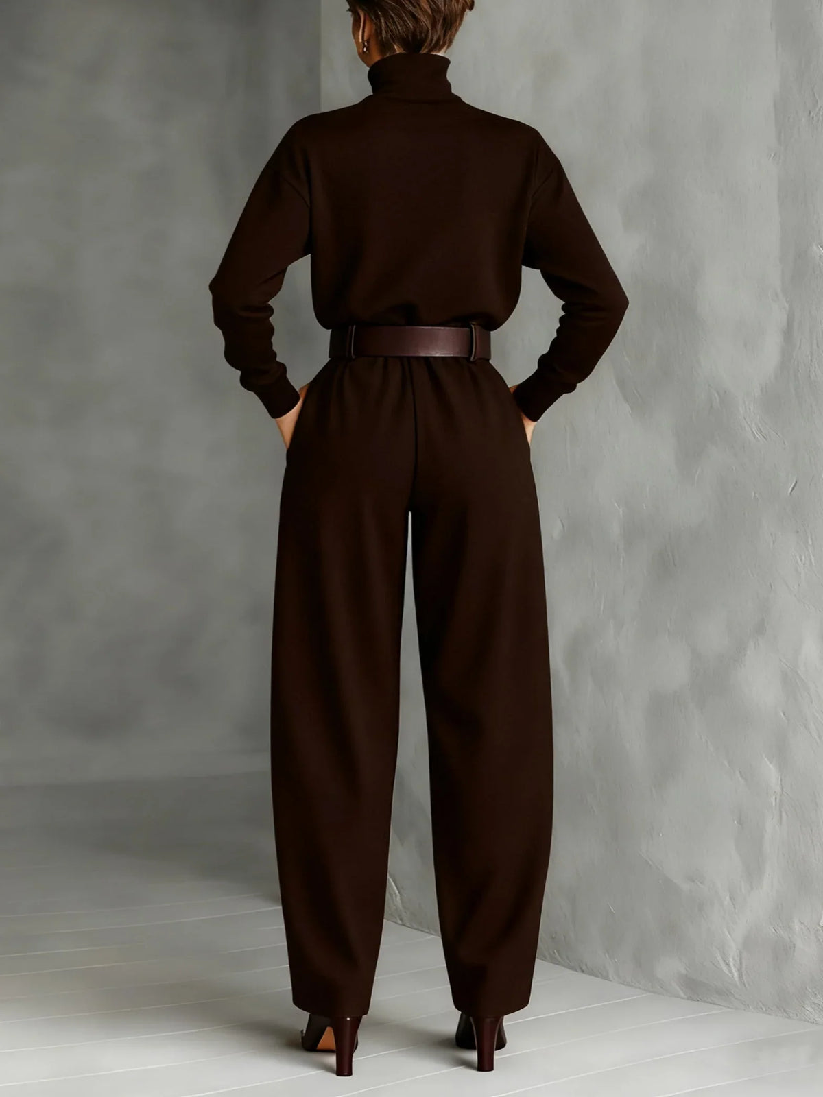 Women's high-neck wide-leg jumpsuit with belted waist