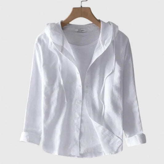 Women's hooded button-down shirt with three-quarter sleeves – White