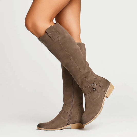 Women's suede knee-high boots with block heel and side zip – Brown