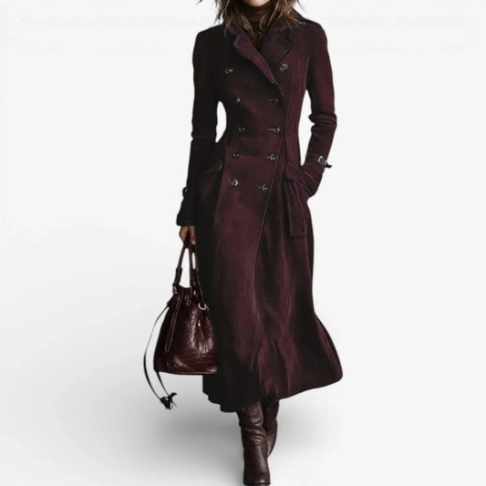 Women's long faux suede warm sculpted trench coat – Deep Red