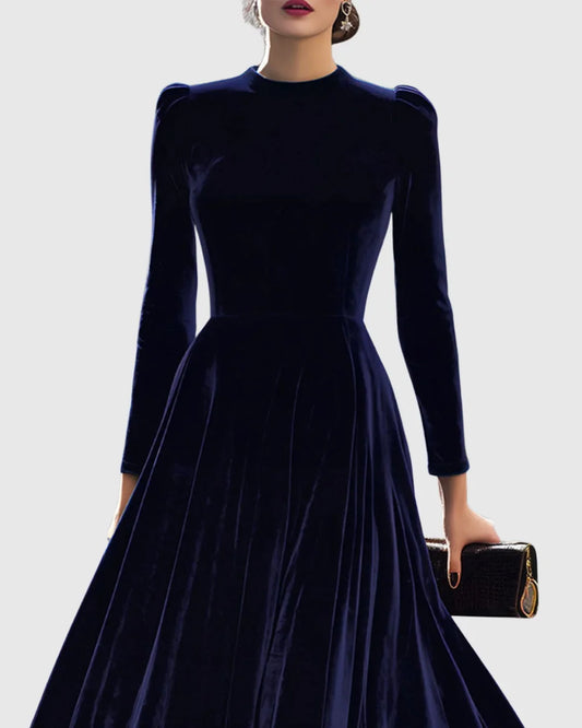 Women's velvet long-sleeve midi dress with flared skirt – Navy Blue