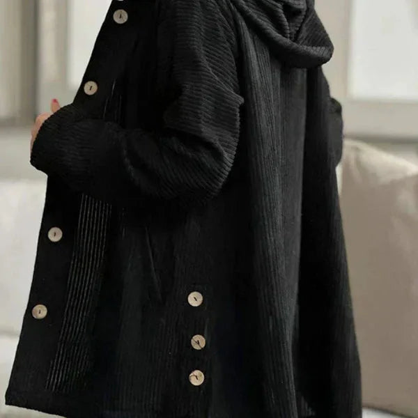 Women's ribbed-texture hooded coat with button closure