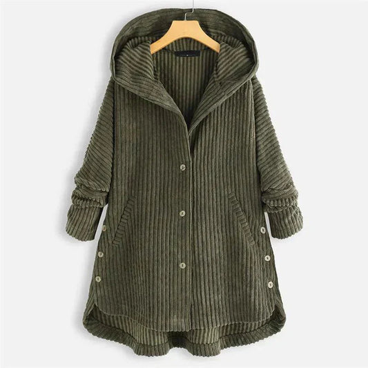 Women's ribbed-texture hooded coat with button closure – Green