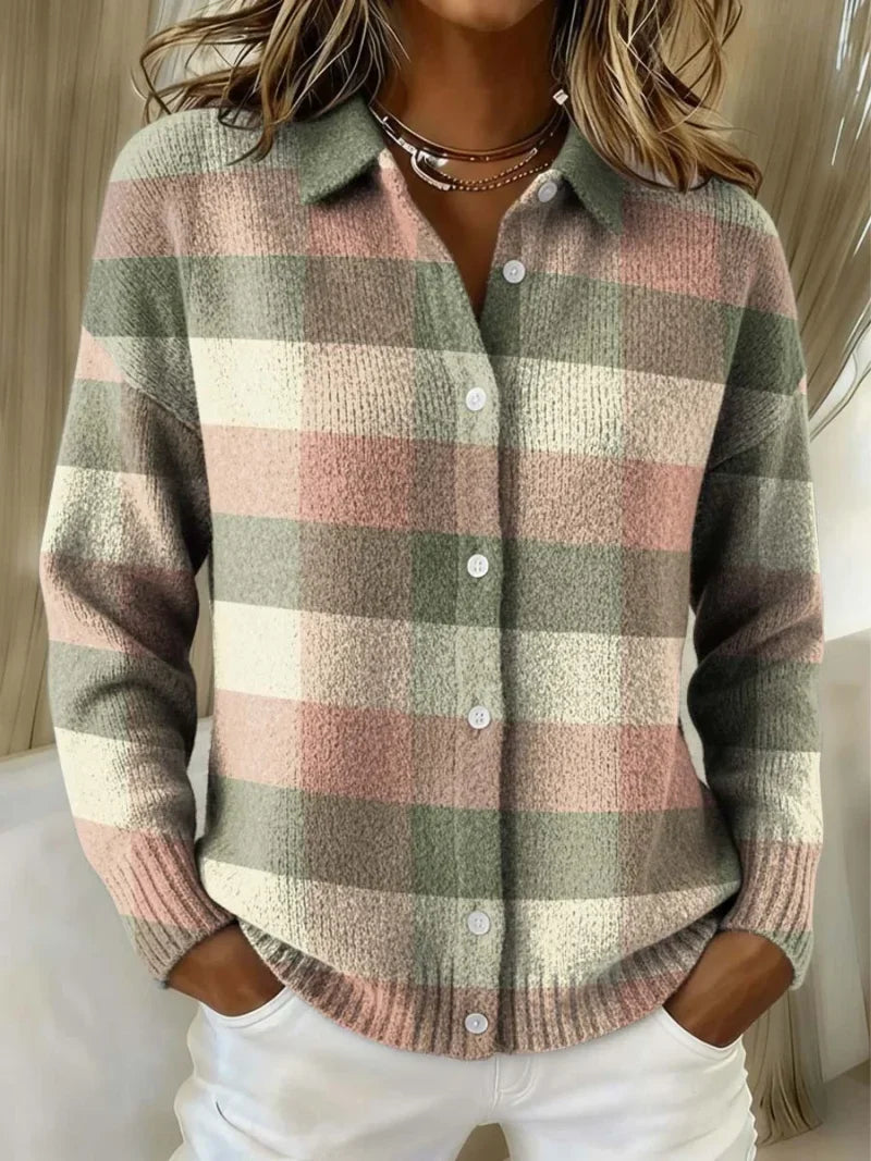 Women's pastel checked knit blouse with button closure – MultiColour