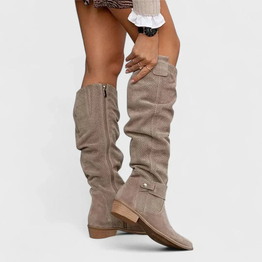 Women's perforated suede side zip knee high boots – Grey