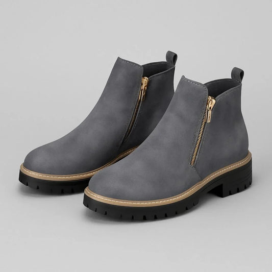Women's suede side zip ankle boots with tone zipper