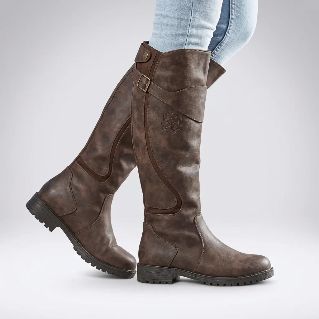 Women's knee high boots with buckle strap – Chestnut brown